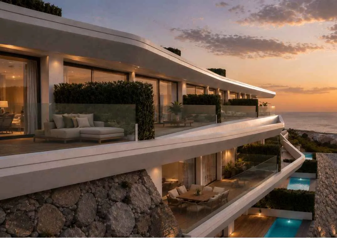 Residence terrace at dusk overlooking the Mediterranean